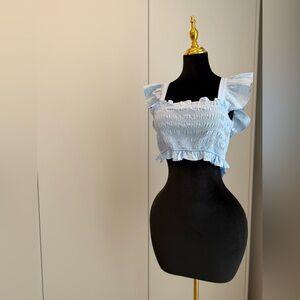 Blue Tie Back Crop Top Ruffle Sleeve